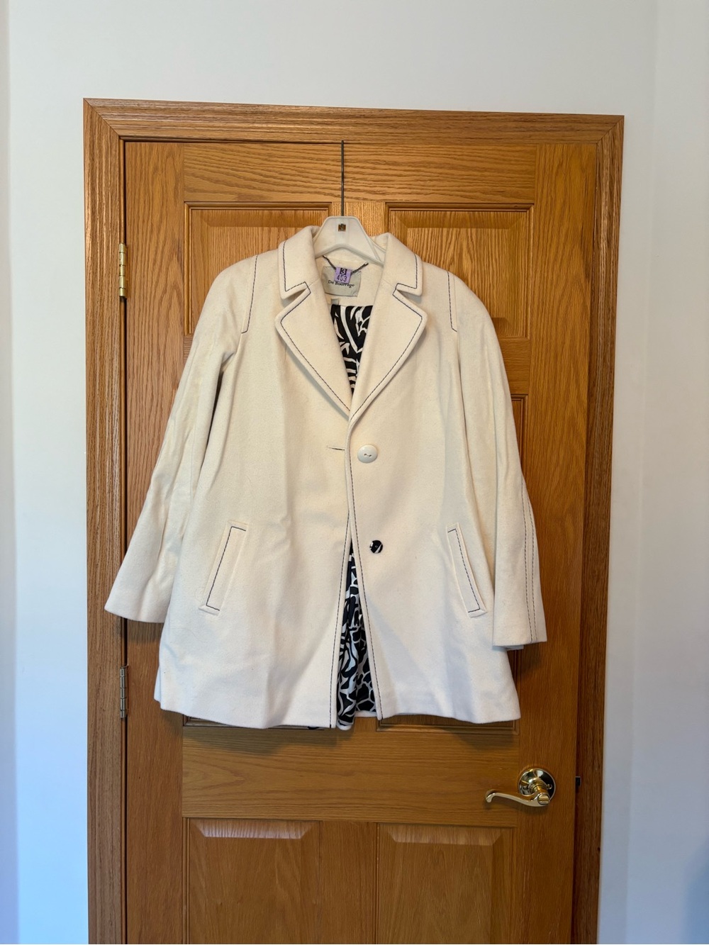 Women's Cream Pea Coat with Contrast Trim